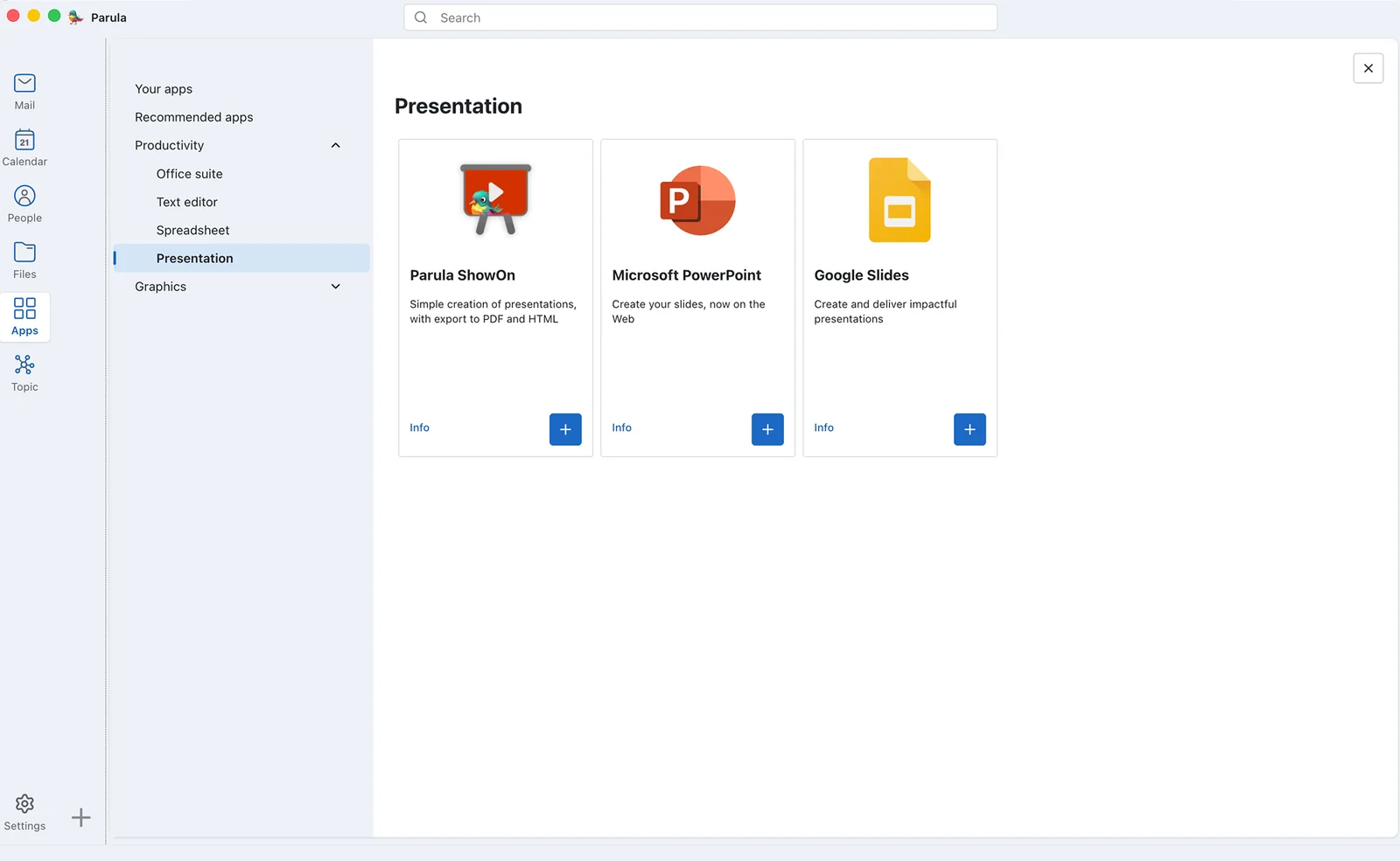Lookout Apps: presentation apps such as Parula ShowOn, PowerPoint and Google Slides