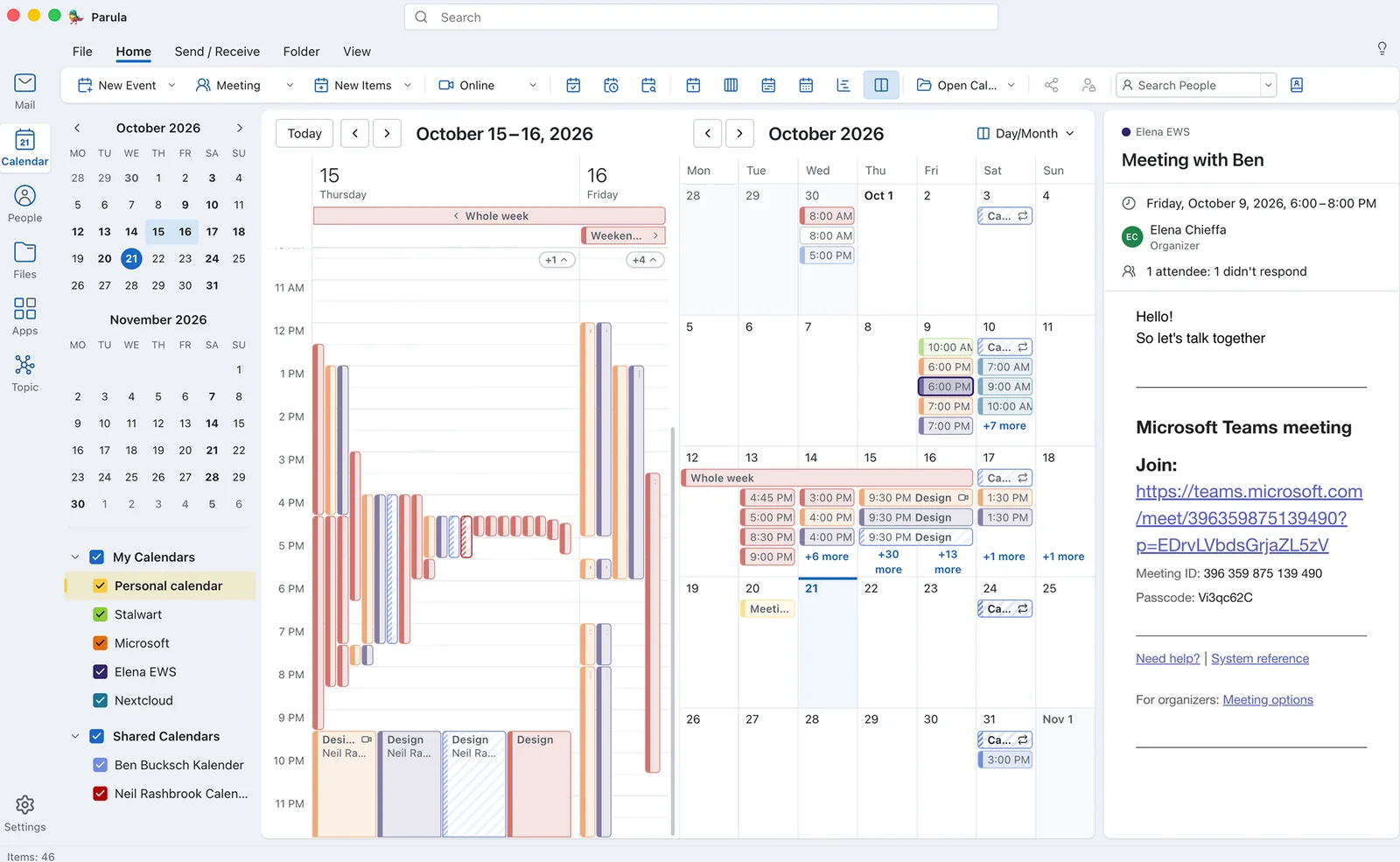 Lookout Calendar: day and month view with personal, Stalwart, Microsoft, Exchange, Nextcloud and shared calendars