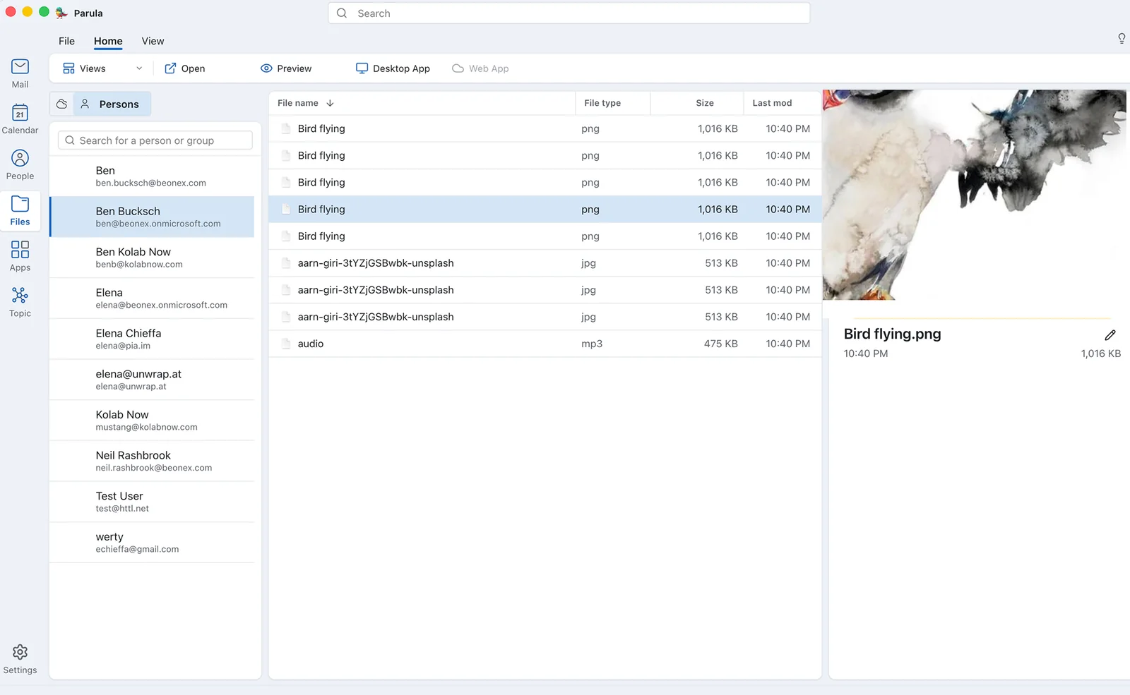 Lookout Files: attachments grouped by person, with a preview pane