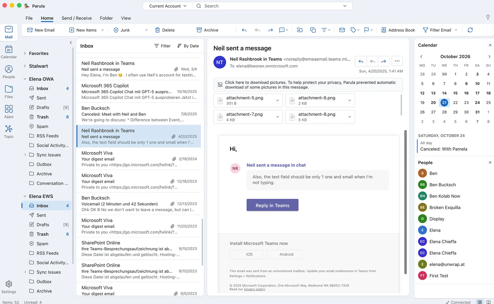 Lookout Mail: ribbon, folder tree for several accounts, message list and reading pane