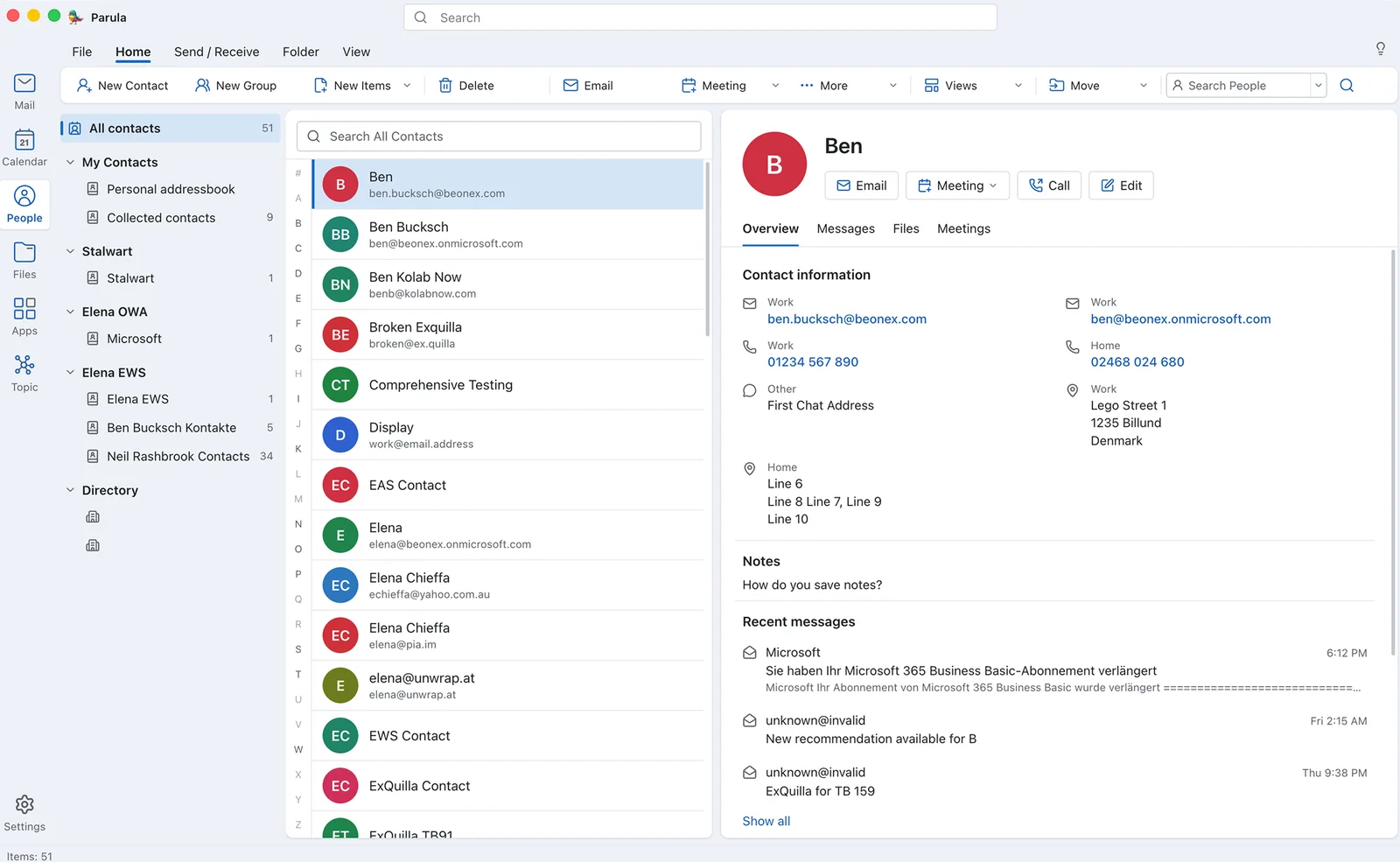 Lookout People: address books from several accounts and a contact card with recent messages