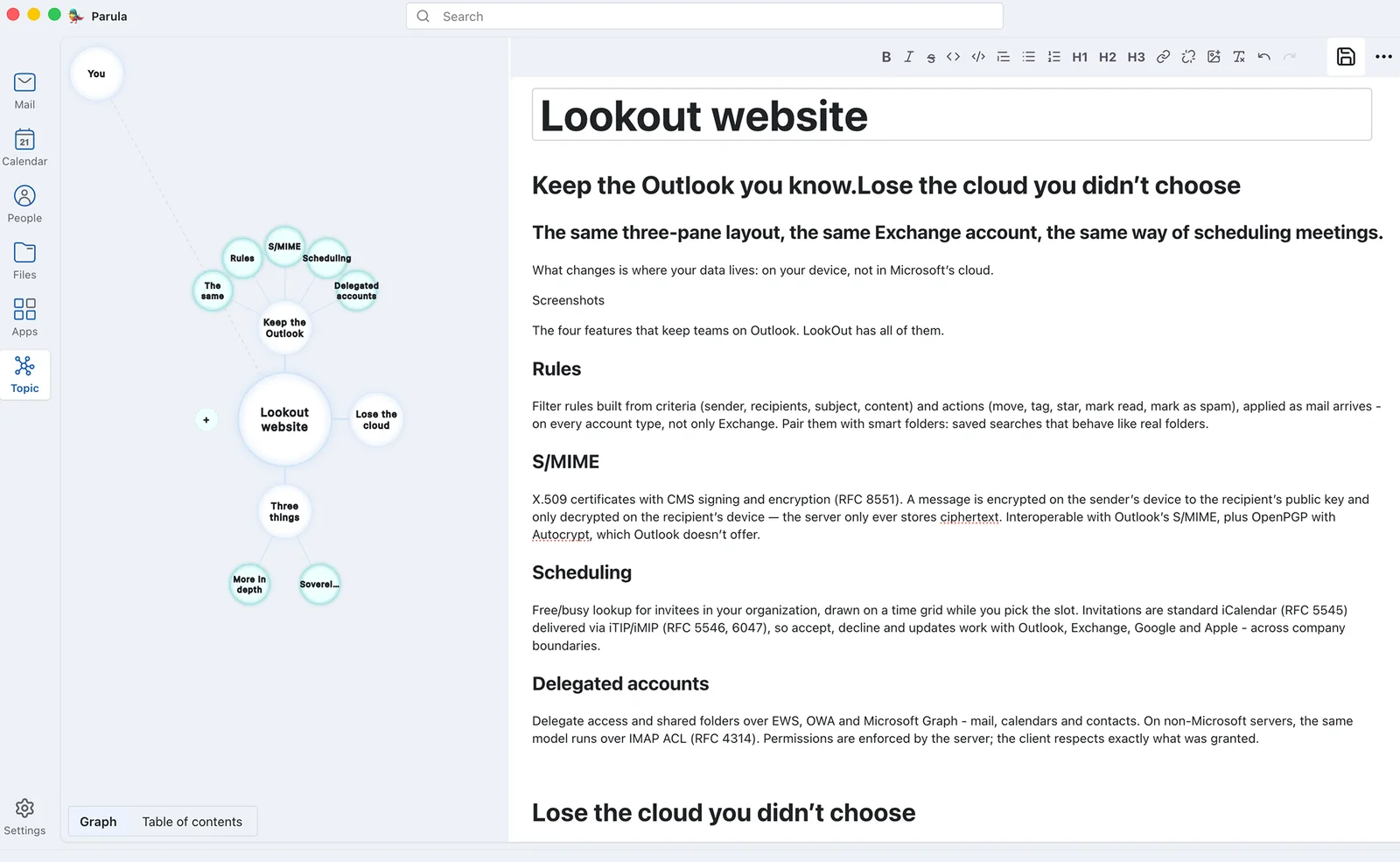 Lookout Topics: a topic graph next to a rich-text note